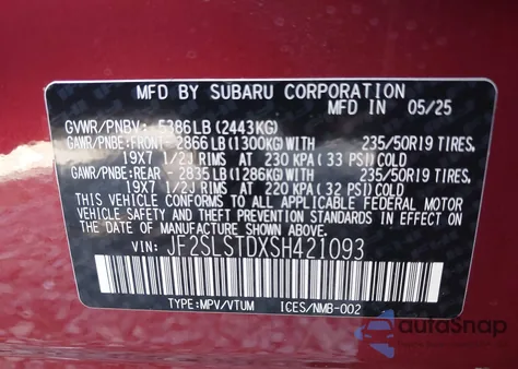 2025 Subaru Forester Hybrid Touring from USA, damaged, VIN JF2SLSTDXSH421093
